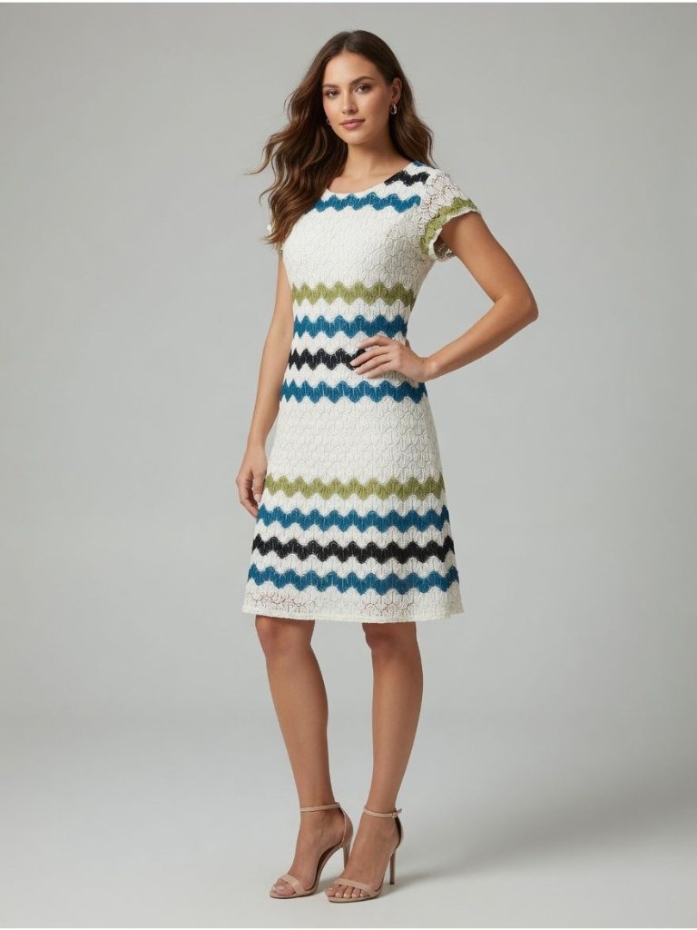 Dressbarn White Multi Color Striped Crochet Cap Sleeve A Line Dress Size 12